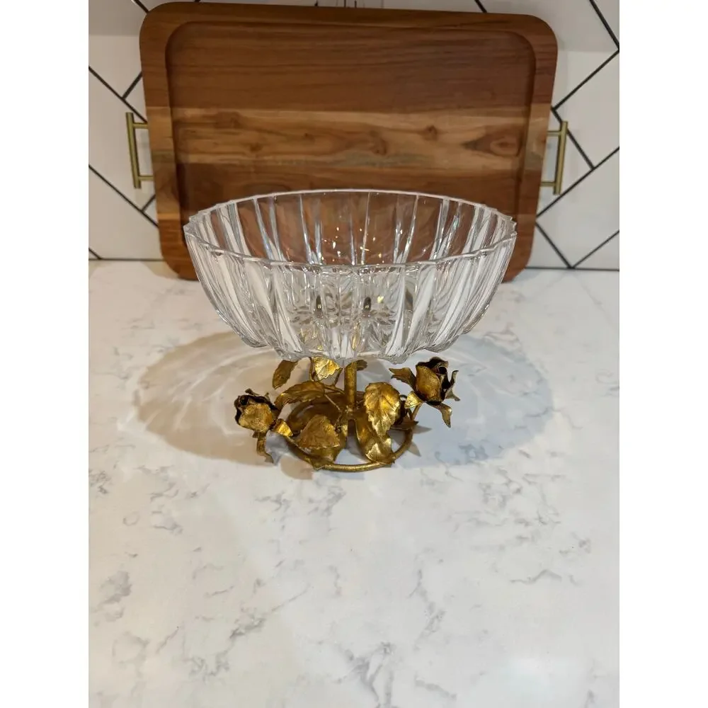 Hollywood Regency compote bowl crystal top gold-gilt cast brass pedestal base
